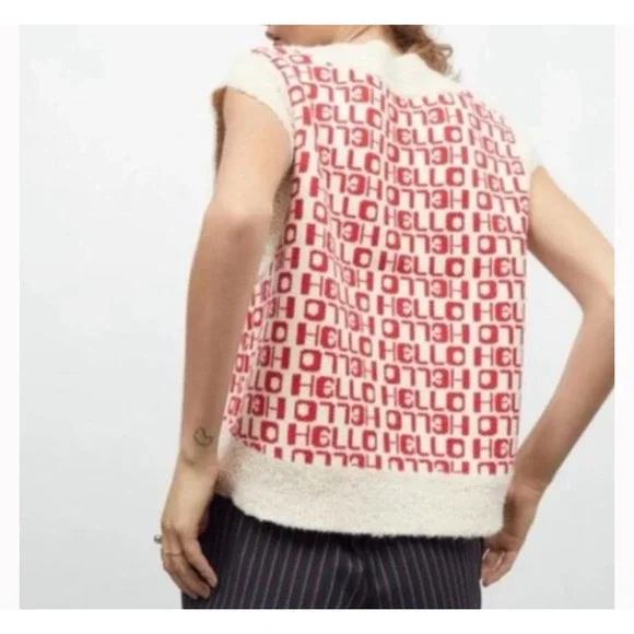 URBAN OUTFITTERS BDG Jordie HELLO Jacquard Sweater Vest Red Multi Small Festive - Picture 2 of 7